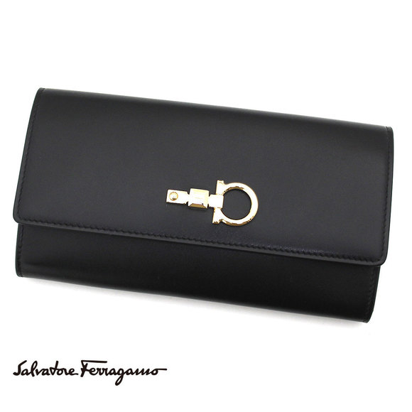 Salvatore Ferragamo Wallet Black Nero Coin Long Bifold STUDIO Continental - Picture 1 of 3